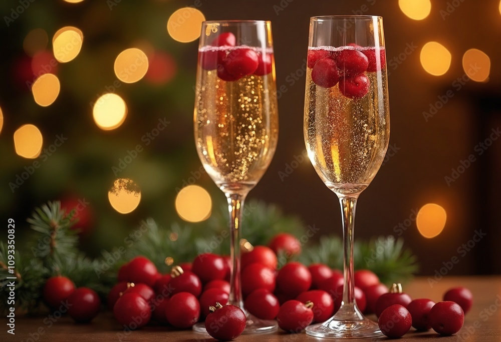 Two elegant champagne glasses filled with bubbly festive drinks and cranberries, set against a beautifully decorated Christmas background with bokeh lights Two elegant champagne glasses filled with bubbly festive drinks and cranberries, set against a beautifully decorated Christmas background with bokeh lights