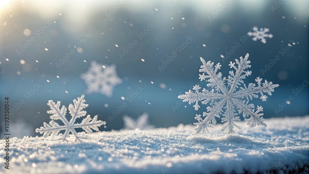 Close-up of snowflakes gently falling on a frosty surface, gentle, white, transparent, intricate, frosty Close-up of snowflakes gently falling on a frosty surface, gentle, white, transparent, intricate, frosty