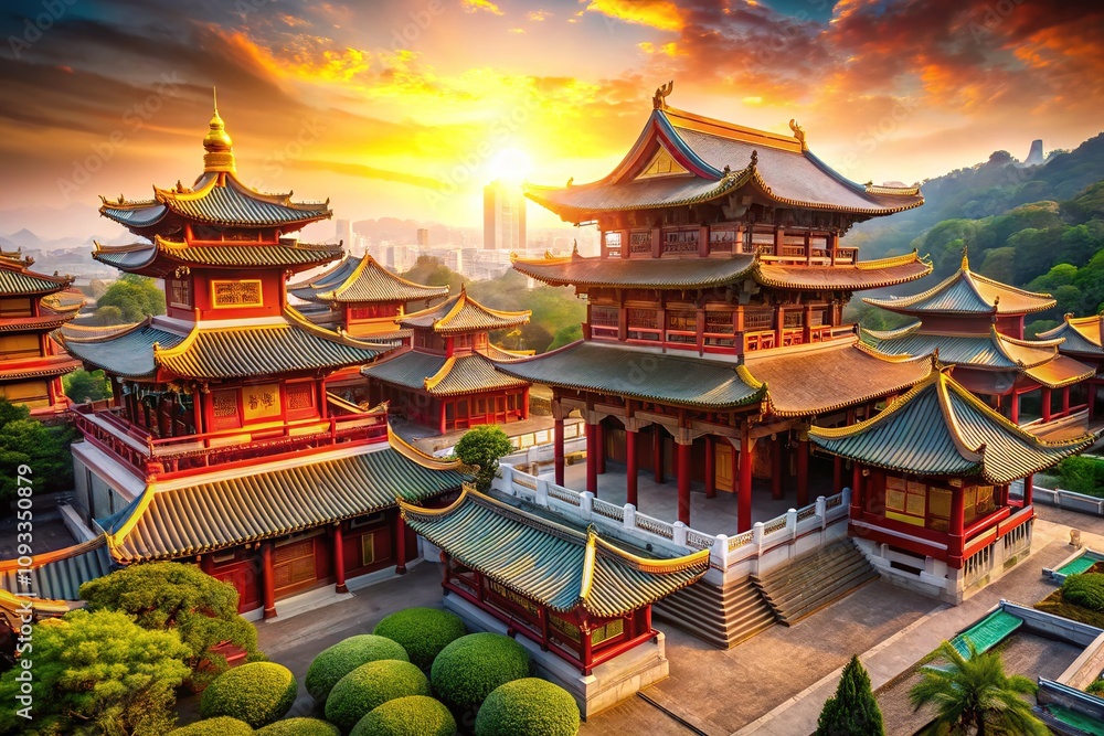 Fototapeta premium Blue skies shimmer, a bokeh-filtered halo around the serene temple.
