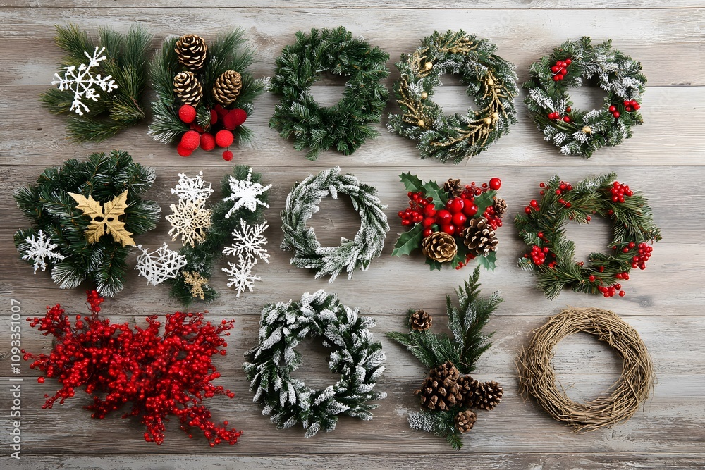 Christmas wreaths and holiday decor on a rustic background with pine cones, evergreen branches, and red berries Christmas wreaths and holiday decor on a rustic background with pine cones, evergreen branches, and red berries