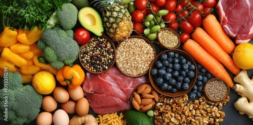 Fresh and Colorful Assortment of Healthy Food Ingredients, Including Vegetables, Fruits, Nuts, Meat, and Grains Arranged in a Creative Flat Lay Composition