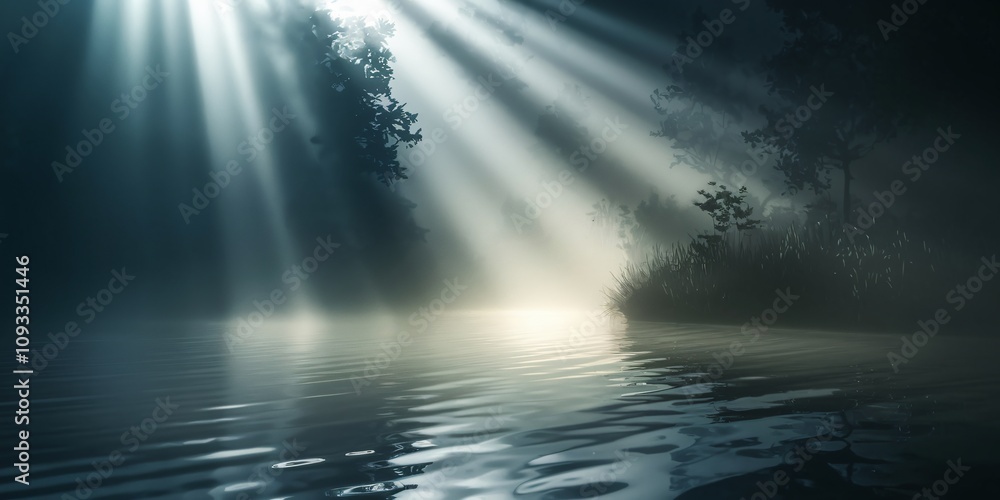 A serene, atmospheric scene featuring beams of light piercing through mist or fog, illuminating a calm water surface below. A serene, atmospheric scene featuring beams of light piercing through mist or fog, illuminating a calm water surface below.