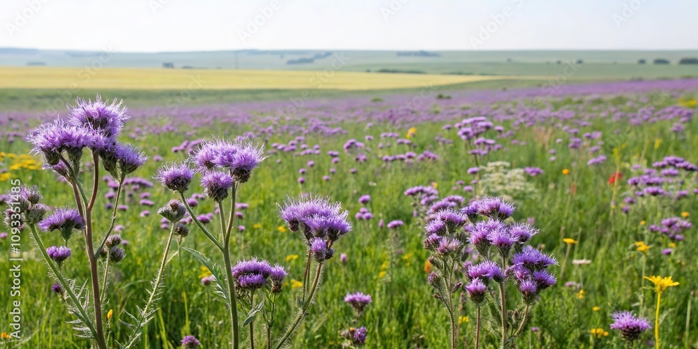 Obraz premium Colorful Purple Wildflowers in a Field, purple blooms, blooming flowers, nature scene, purple wildflowers, wildflower garden
