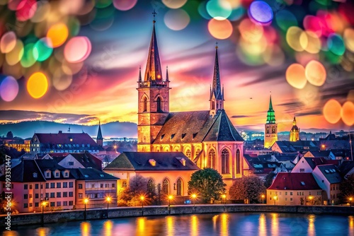 Bokeh illuminates St. Jakob Church Basel, transforming the iconic structure into a work of art. photo