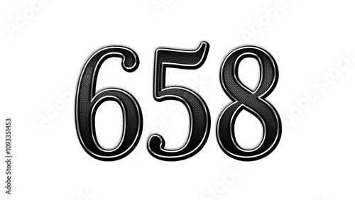 black metal 3d design of number 658 on white background.