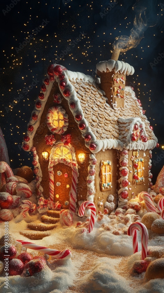 Gingerbread House with Candy Decorations Surrounded by Sparkling Snow Gingerbread House with Candy Decorations Surrounded by Sparkling Snow