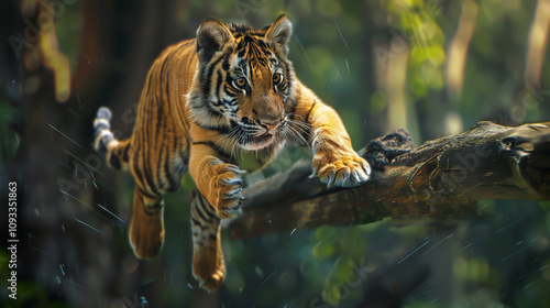 A tiger runs in the jungle and jumps over a falle tree. photo