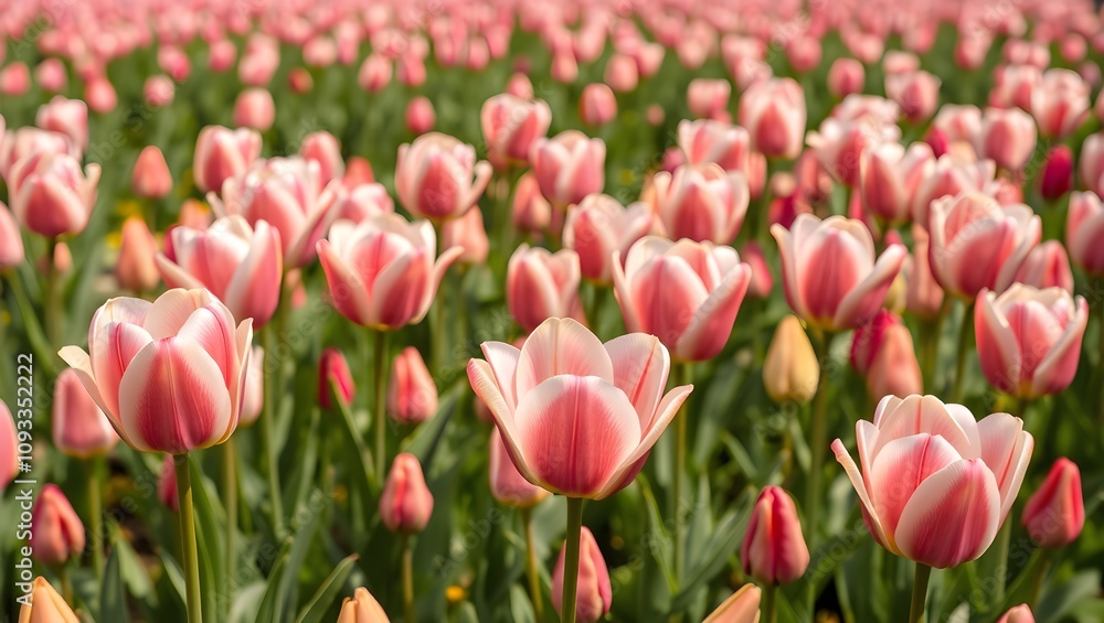 A field of pink and white tulips in full bloom. Beautiful spring flowers. A field of pink and white tulips in full bloom. Beautiful spring flowers.