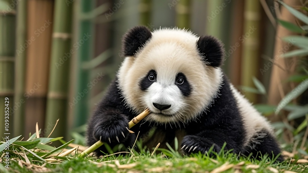 Fototapeta premium Adorable baby panda eating bamboo in a lush green bamboo forest.