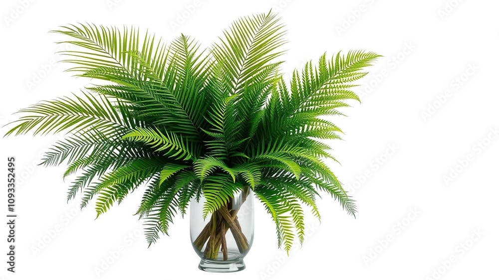 Fototapeta premium Richly detailed foliage of palm and ferns in a sleek glass vase isolated against a pure white background, houseplants, dense foliage