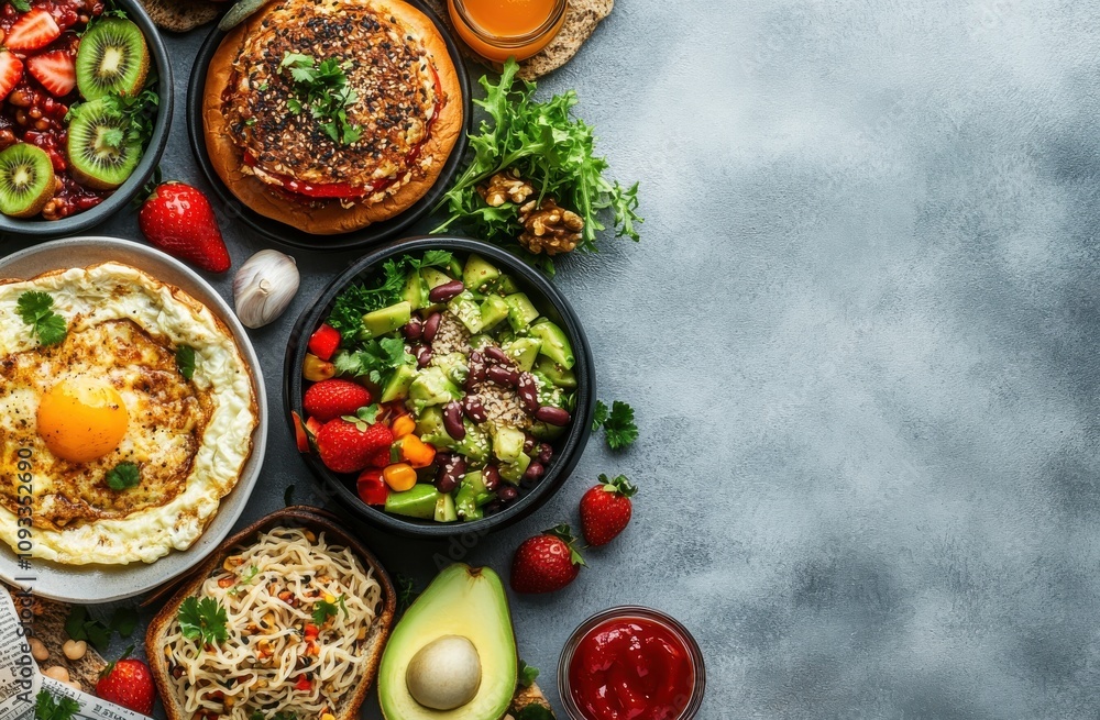 Fresh and Colorful Healthy Meal Spread with a Variety of Dishes Including Salads, Fruits, Wraps, and a Delicious Egg Breakfast on a Gray Background Fresh and Colorful Healthy Meal Spread with a Variety of Dishes Including Salads, Fruits, Wraps, and a Delicious Egg Breakfast on a Gray Background