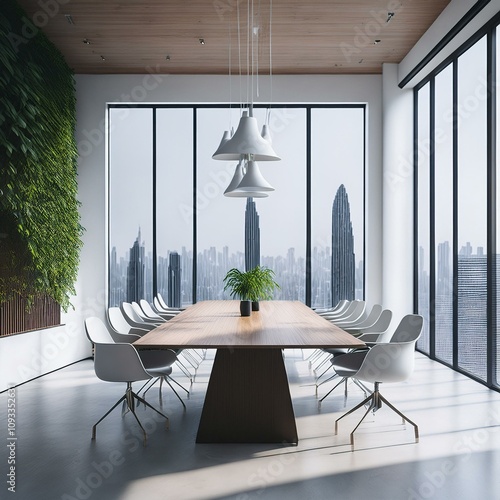 Corporate meeting space with sustainable interior design, lush greenery wall, skyline view, and sleek aesthetics.
