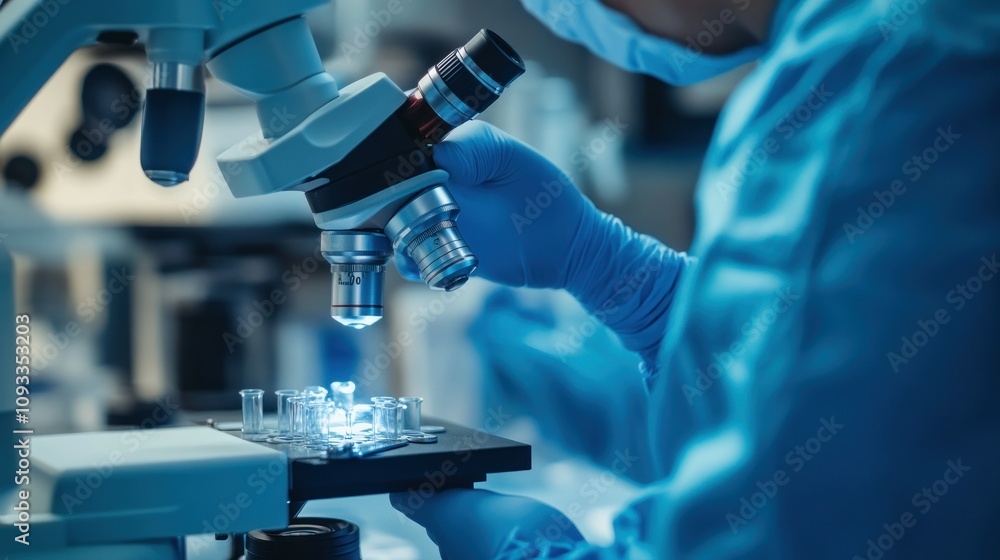 A scientist adjusting a microscope in a laboratory setting. A scientist adjusting a microscope in a laboratory setting.