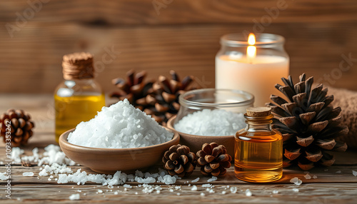 Spa and wellness setting with sea salt, oil essence, cones and candle on wooden background. Fall autumn wellness concept, Relax and treatment therapy. Close up isolated with white highlights, png photo