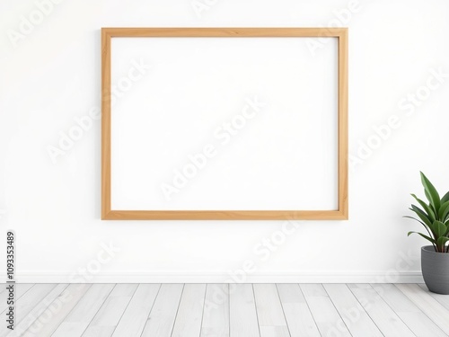 Simple wooden frame against a pristine white wall, with clean lines and minimal ornamentation, wood, artistic simplicity