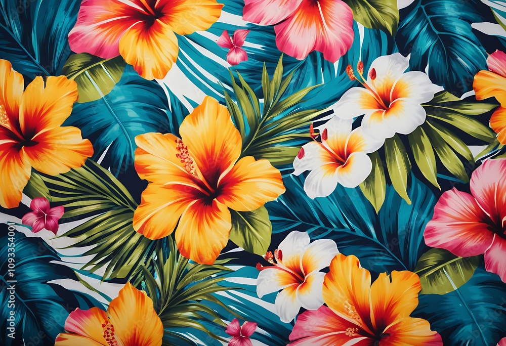 Seamless hand drawn tropical pattern with bright hibiscus flowers and exotic palm leaves on dark background. Seamless hand drawn tropical pattern with bright hibiscus flowers and exotic palm leaves on dark background.