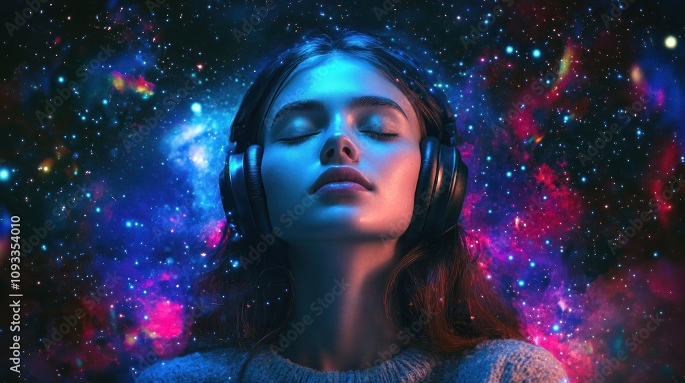 Woman deeply immersed in cosmic musical universe Woman deeply immersed in cosmic musical universe