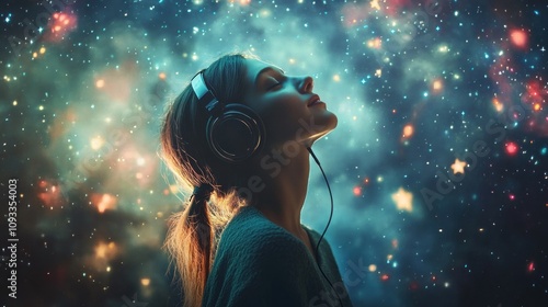 Girl listening to music amidst a starry universe