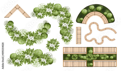 Top view of a bench for the architectural landscape plans. Bench with trees and greens. Entourage design. Vector.