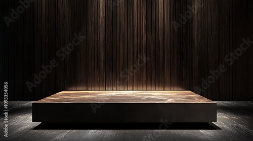 Modern podium design with a sturdy dark base and a polished wood-grained tabletop, bathed in soft light
