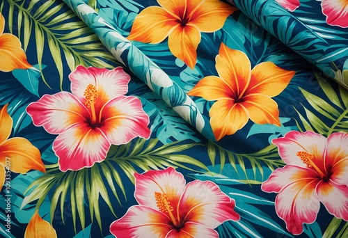 Seamless hand drawn tropical pattern with bright hibiscus flowers and exotic palm leaves on dark background. photo