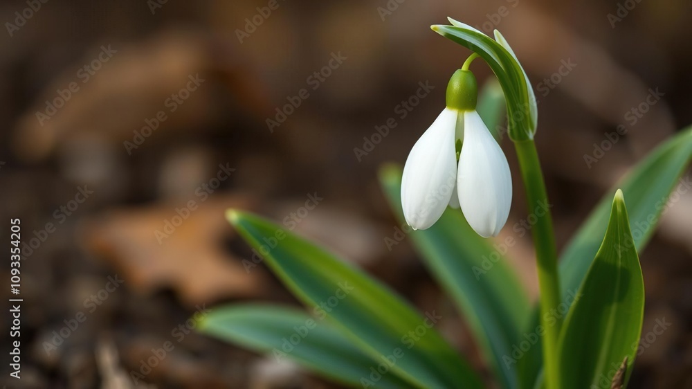snowdrop galanthus nivalis first spring flower white flower with green leaves, bulbous perennials, winter aconite snowdrop galanthus nivalis first spring flower white flower with green leaves, bulbous perennials, winter aconite
