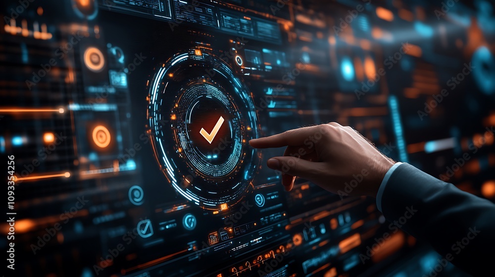 Businessman touching a digital security shield hologram Businessman touching a digital security shield hologram