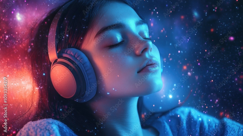 Girl with headphones in cosmic dreamscape setting. Girl with headphones in cosmic dreamscape setting.