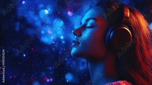 Profile of woman immersed in galaxy-like background.