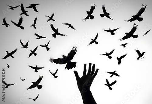 Hands releasing birds. Silhouette of two hands and the birds. illustration of human hands. Metaphor freedom photo