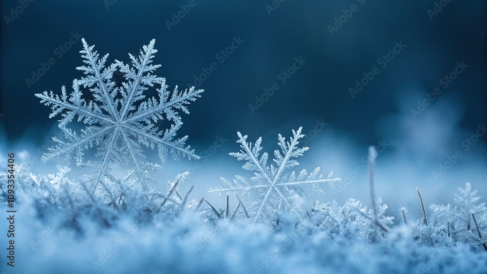 Soft blue light illuminates a field of frosty snowflakes, each one unique and delicate in its own right, soft focus effect, winter wonderland, serene atmosphere Soft blue light illuminates a field of frosty snowflakes, each one unique and delicate in its own right, soft focus effect, winter wonderland, serene atmosphere