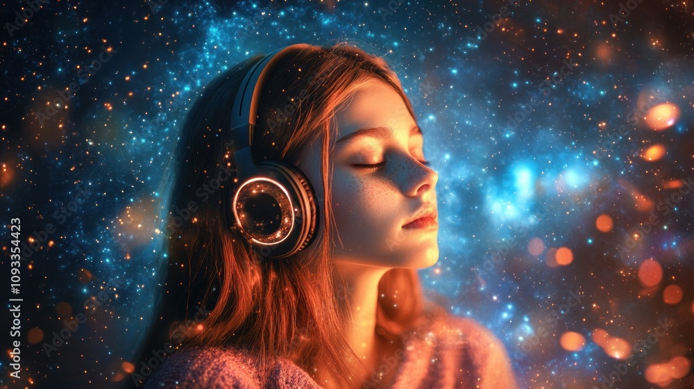 Profile of woman with headphones in a cosmic void