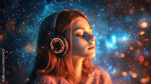 Obraz na płótnie Profile of woman with headphones in a cosmic void w salonie