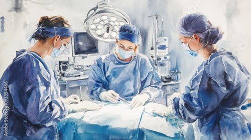 Watercolor Illustration of a Medical Team Performing Surgery in an Operating Room with Focused Attention and Professionalism