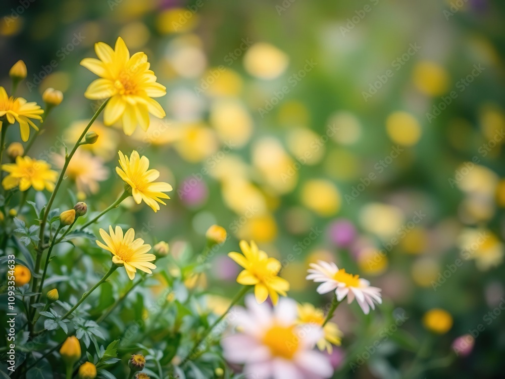 Soft focus photograph of a spring garden with yellow and green hues, featuring blooming flowers and lush foliage, green, blooms, flowers Soft focus photograph of a spring garden with yellow and green hues, featuring blooming flowers and lush foliage, green, blooms, flowers