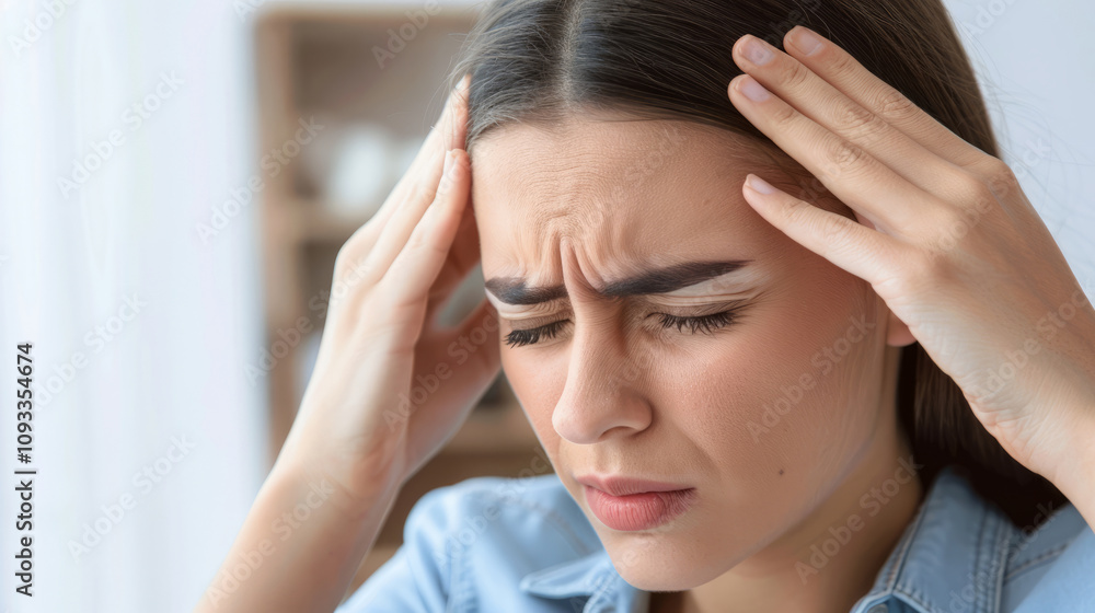 Close-Up of Woman Suffering from Headache, Stress or Health-Related Concepts. Migraine and weather change Close-Up of Woman Suffering from Headache, Stress or Health-Related Concepts. Migraine and weather change