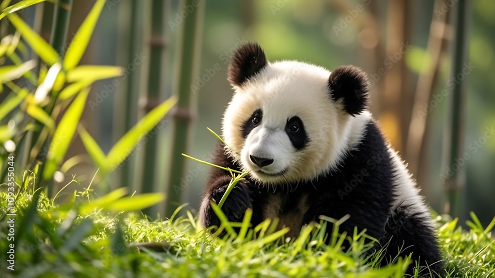 Adorable panda cub eating bamboo in lush green forest. Adorable panda cub eating bamboo in lush green forest.