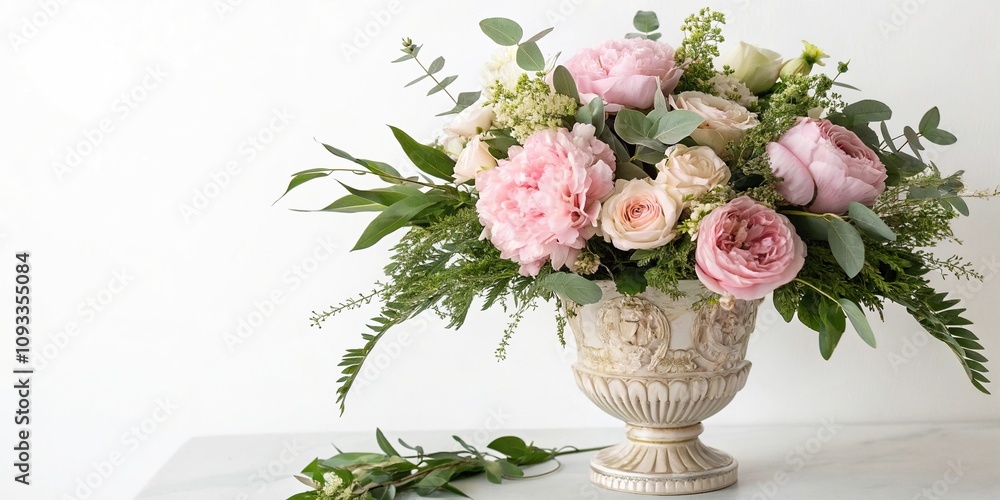 Obraz premium Soft pink peonies and roses bouquet arranged in a decorative vase with lush greenery and foliage on a clean white background, rosesshop, vasefiller