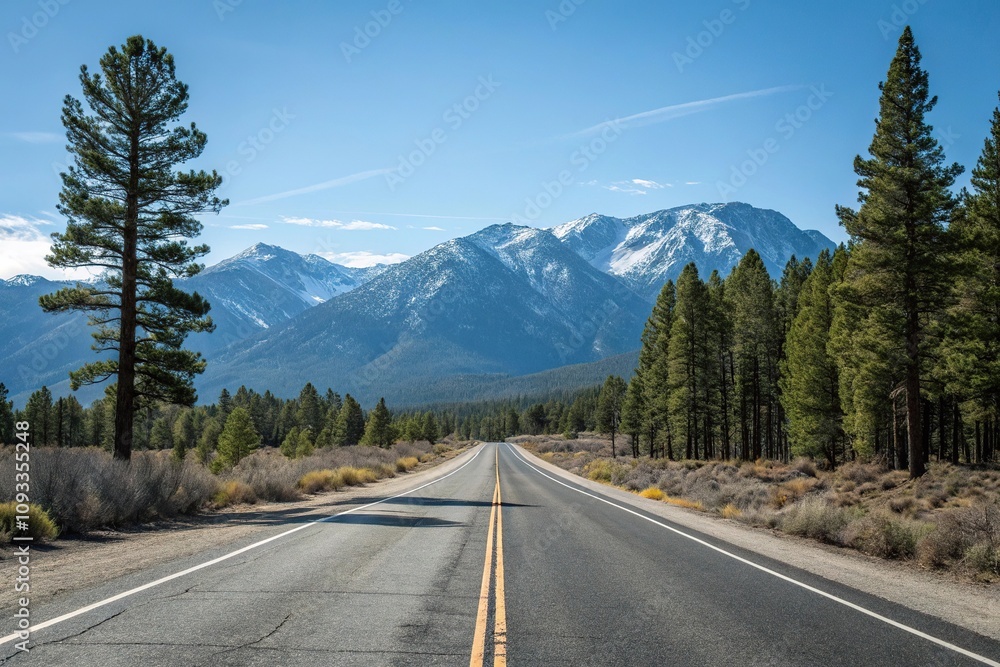 Empty stretch of asphalt road running parallel to a mountain range with a clear blue sky above and pine trees in the foreground, empty highway, scenic beauty Empty stretch of asphalt road running parallel to a mountain range with a clear blue sky above and pine trees in the foreground, empty highway, scenic beauty