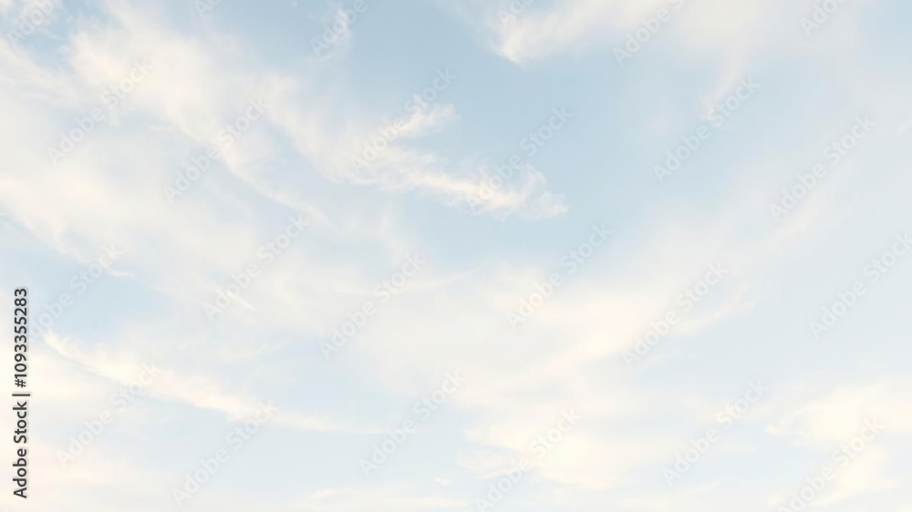 Fototapeta premium Soft wispy clouds drift lazily across a pale blue sky with touches of creamy white and pale gold, evoking a sense of serenity and peacefulness, soft focus, pastel colors, dreamy scenery
