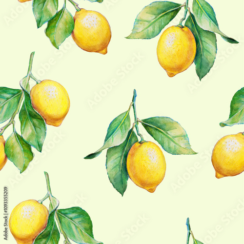 Lemon Seamless Pattern Watercolor Illustration. Cute  Summer citrus Background with Leaves and lemons .