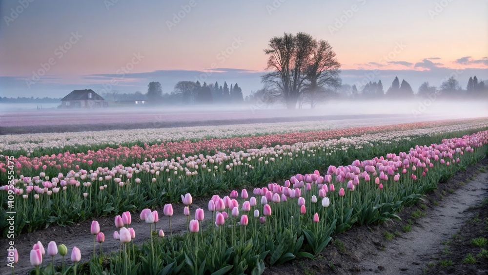 Fototapeta premium Softly falls evening mist over a field of tulips in pastel hues, blossoms, mist, atmosphere, soft, colorful