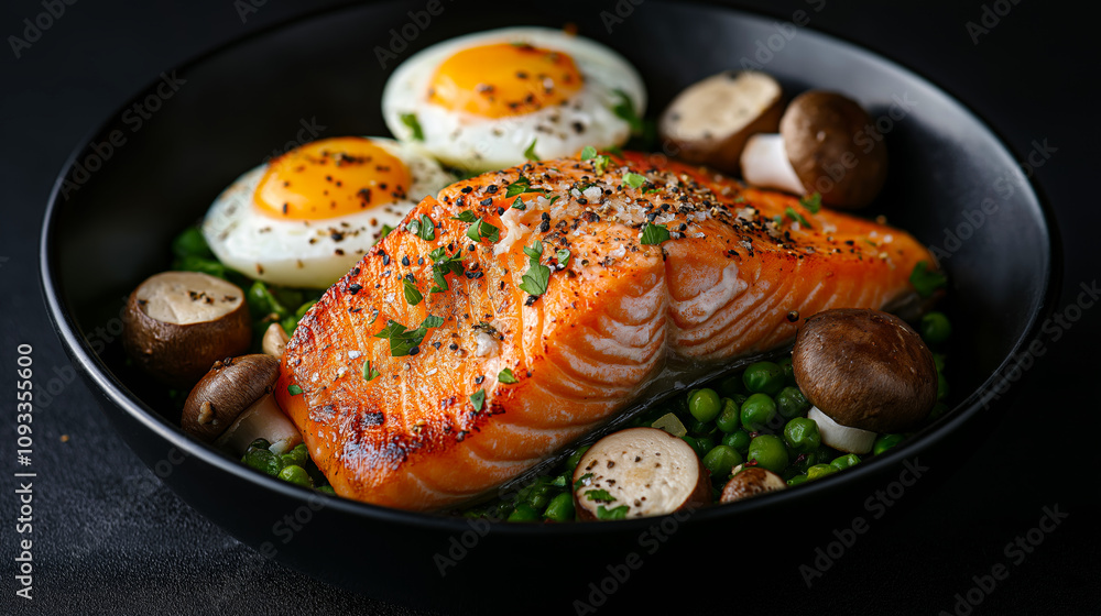 Fried salmon steak with eggs and mushrooms. Salmon - healthy meal with lots of vitamin D Fried salmon steak with eggs and mushrooms. Salmon - healthy meal with lots of vitamin D