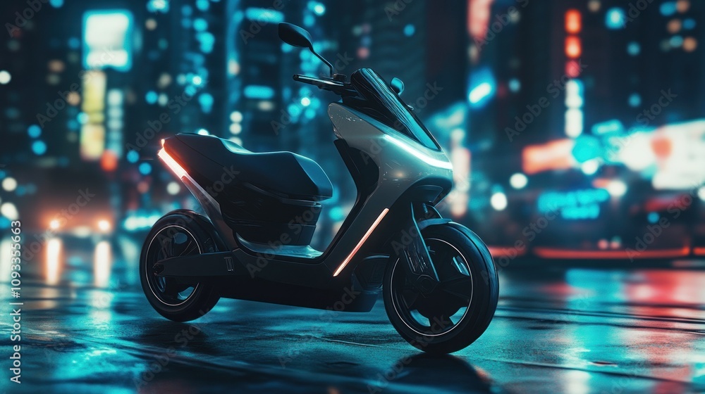 Electric scooter with a glossy finish at night.