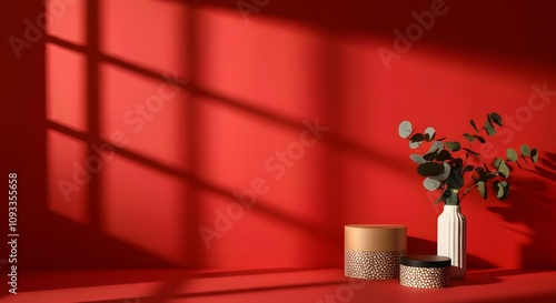 Wall interior background, studio and backdrops show products. With shadow from window color Red background for text insertion and presentation product