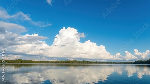 Softly lit clouds against a brilliant blue sky reflect beautifully on the calm surface of Apopka Lake in Winter Garden, creating a tranquil atmosphere, winter garden, tranquility