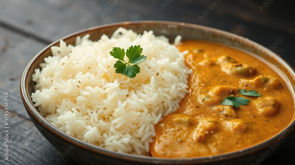 Fragrant basmati rice served in a shallow bowl with a side of creamy dal curry, garnished with fresh cilantro leaves and a sprinkle of toasted cumin seeds, indian cuisine, herbs Fragrant basmati rice served in a shallow bowl with a side of creamy dal curry, garnished with fresh cilantro leaves and a sprinkle of toasted cumin seeds, indian cuisine, herbs