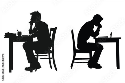 Thinking man silhouette, man at table, thinking pensive deep thoughts silhouette
