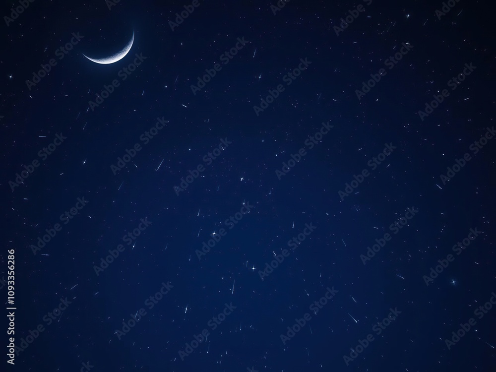 Starry night sky with a crescent moon and numerous shooting stars, meteor shower, planetary alignment, lunar phase Starry night sky with a crescent moon and numerous shooting stars, meteor shower, planetary alignment, lunar phase