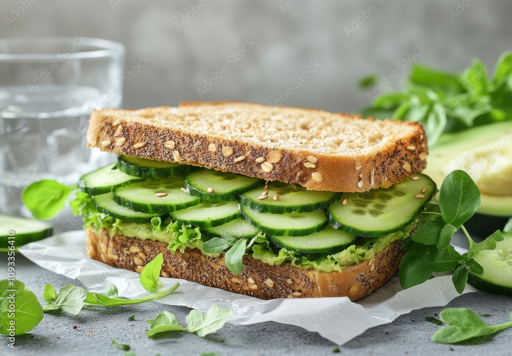 Fresh and Healthy Cucumber Sandwich on Whole Grain Bread Surrounded by Greenery with a Glass of Water in the Background Fresh and Healthy Cucumber Sandwich on Whole Grain Bread Surrounded by Greenery with a Glass of Water in the Background